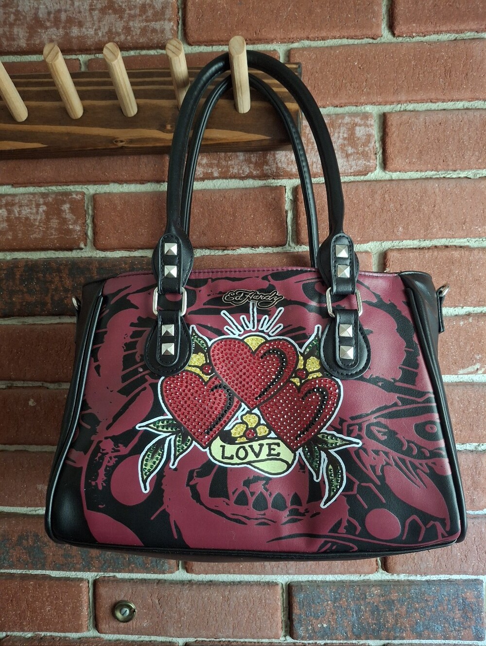Ed Hardy Red and Black Heart Studded Bag